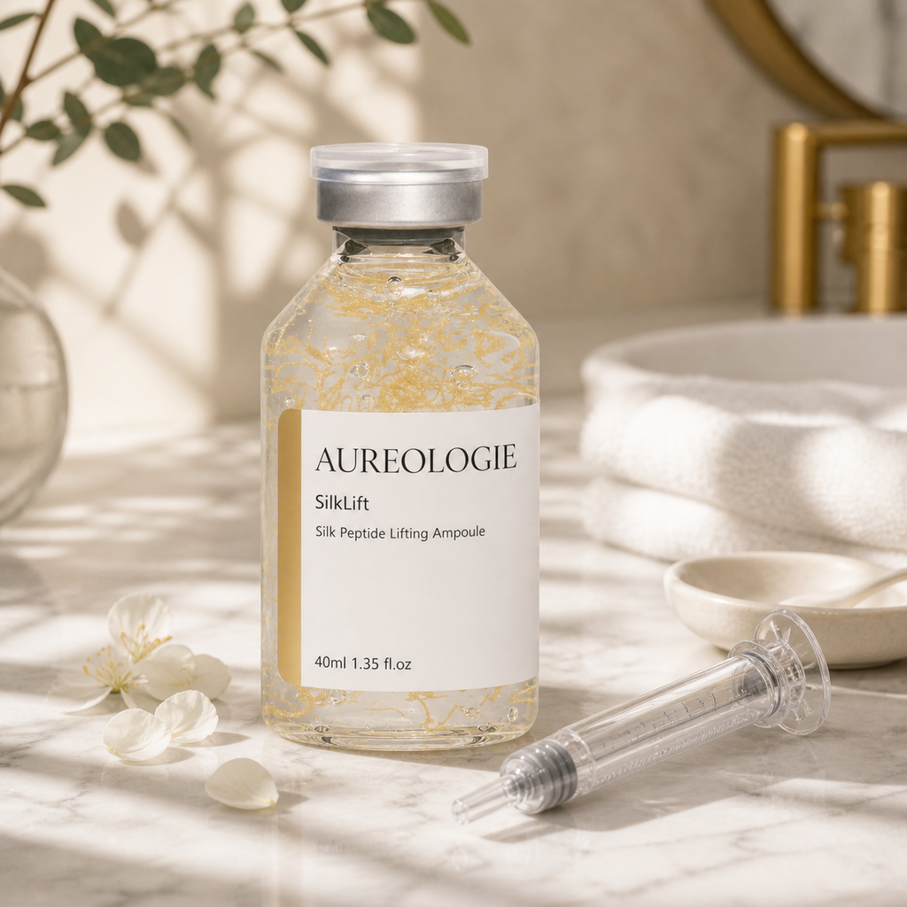 SilkLift Silk Peptide Lifting Ampoule bottle with golden silk peptide threads - Aureologie K-Beauty