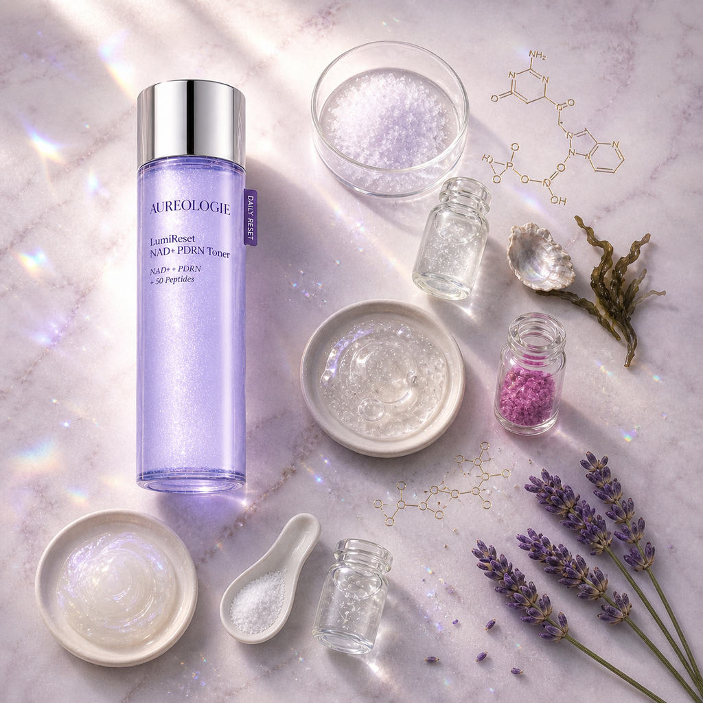 LumiReset toner key actives NAD+ vitamin B12 ferments - Aureologie